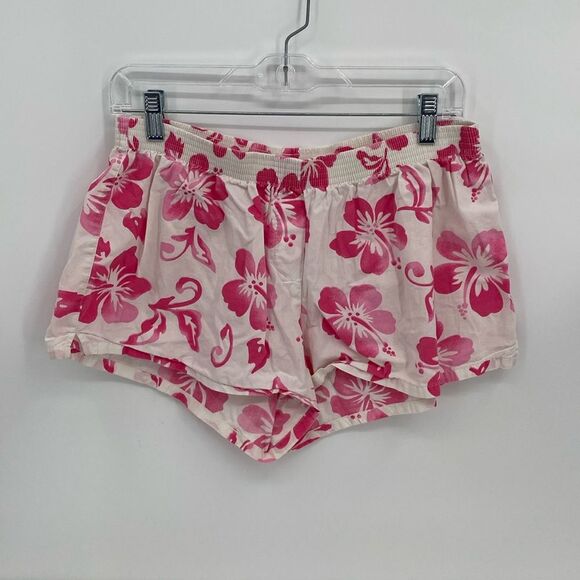 t heart Hibiscus Lounge Shorts White Floral Shorty Elastic Waist Women's Large - Picture 1 of 6